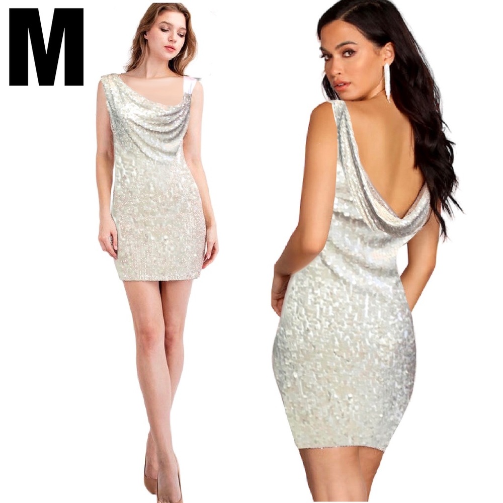 NWT Sequin White Gold Sleeveless Cowl Neck Midi Drape Dress Swoop MEDIUM 8 10